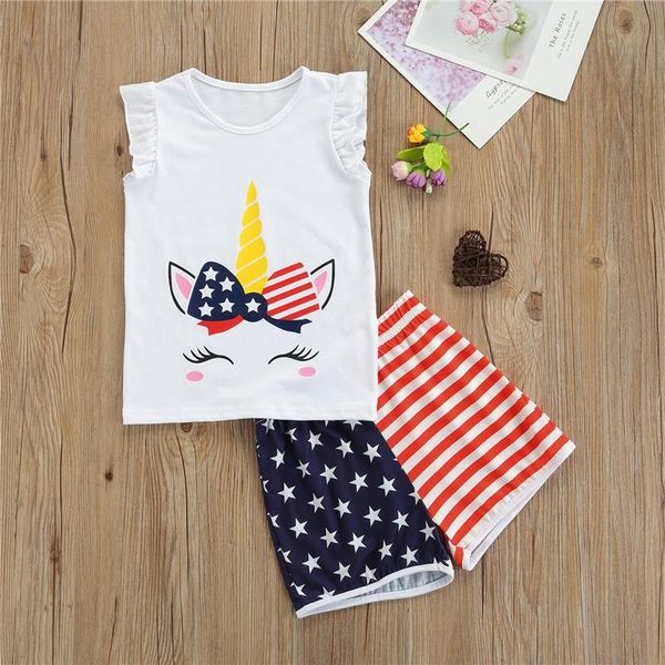 

clothing sets toddler girls fourth of july outfits, cute cartoon print sleeve + shorts set, White