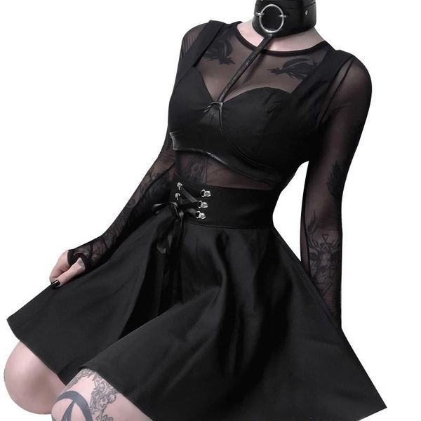 

skirts gothic punk women high waist pleated mini black lace up skirt casual streetwear solid feminina a-line party