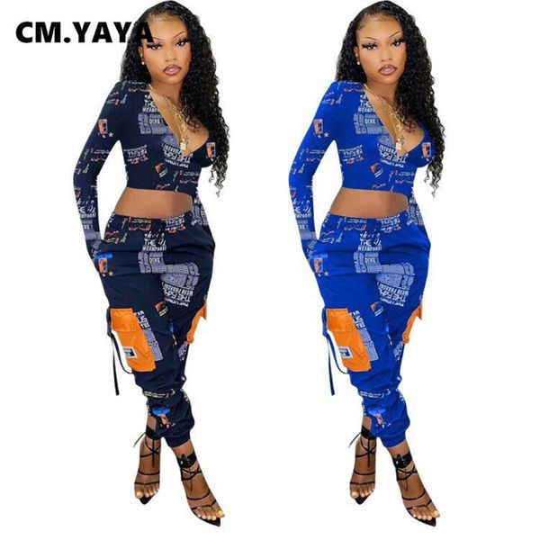 

2 piece sets women full sleeve v-ne crop mid waist long pants poets letter print two piece set spring outfitsby air, White