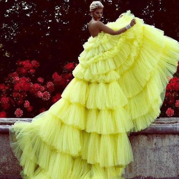 Erstaunliche geschichtete Tüll Abend Ballkleid Kleider helle Zitrone Cloud Tiered Chic langes Abschlussballkleid Maß