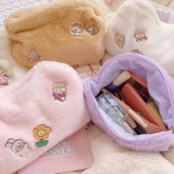 

fashion women soft cosmetic bag with 3 badges japanese pencil pen makeup storage organizer bag pouch for student girls