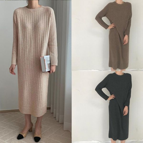 

casual dresses 2021 straight tube long sleeve dress women's round neck korea thick stripe knit sweater skirt, Black;gray