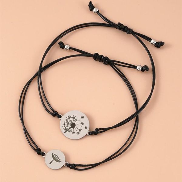 

link, chain qx2f 2pcs/set matching bracelets dandelion charm hand rope for mom daughter stainless steel adjustable cord meaningful gift, Black