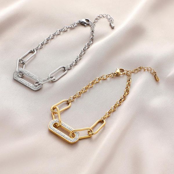 

link, chain 2021 trend luxury iced out pin letter mom paper clip bracelet for women 1pcs gold bling zircon exquisite jewelry gifts, Black