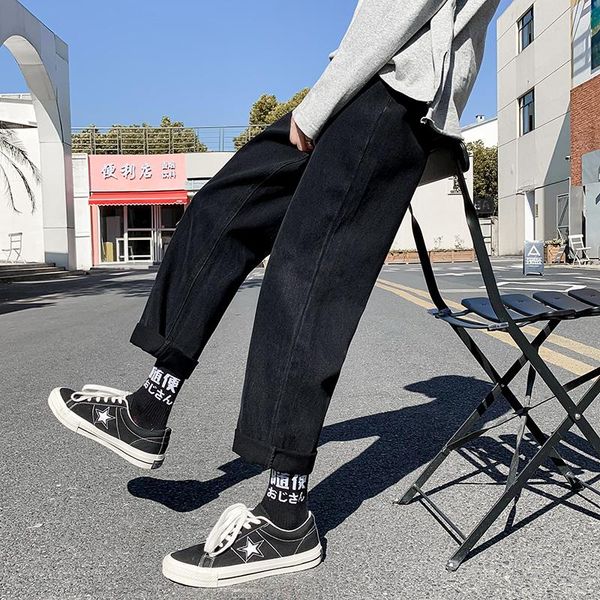 

men's jeans fashion pants straight leg loose wide casual cropped, Blue