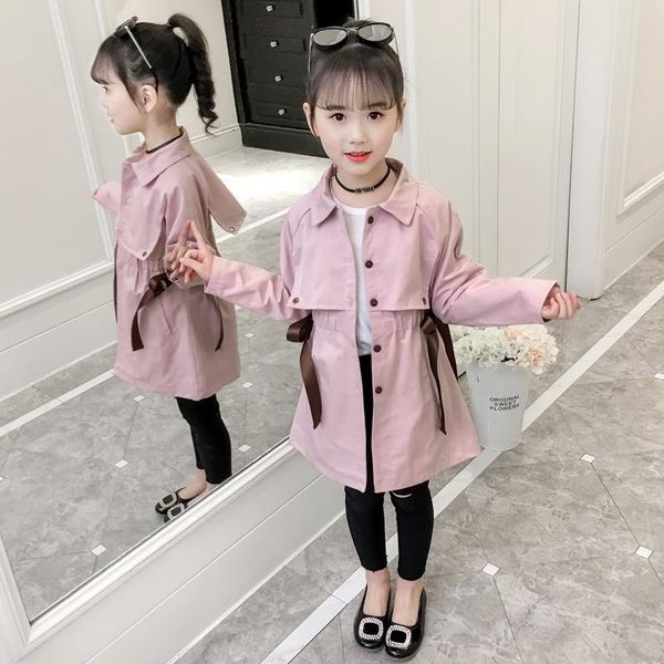 

trench coat girls kids children 2021 spring autumn fall winter waistline inside bow single breasted 2 to 13 years, Blue;gray