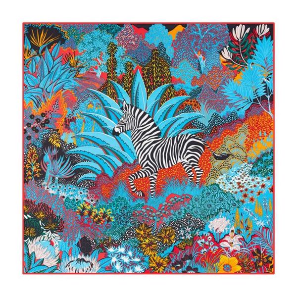 

90cm "zebra in the forest" luxury brand scarf women bandana handmade curled twill silk square hijab foulard head scarves 210928, Blue;gray