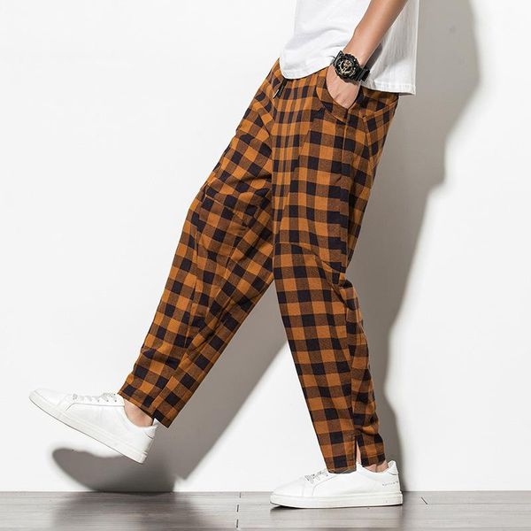 

men's pants sinicism spring cotton linen casual pants/male loose mid plaid harem s-5xl, Black