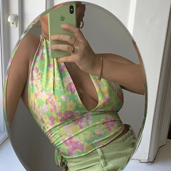 

y2k floral print crop summer 2021 cottagecore aesthetic clothes v cut halter backless tank n54-be10, White