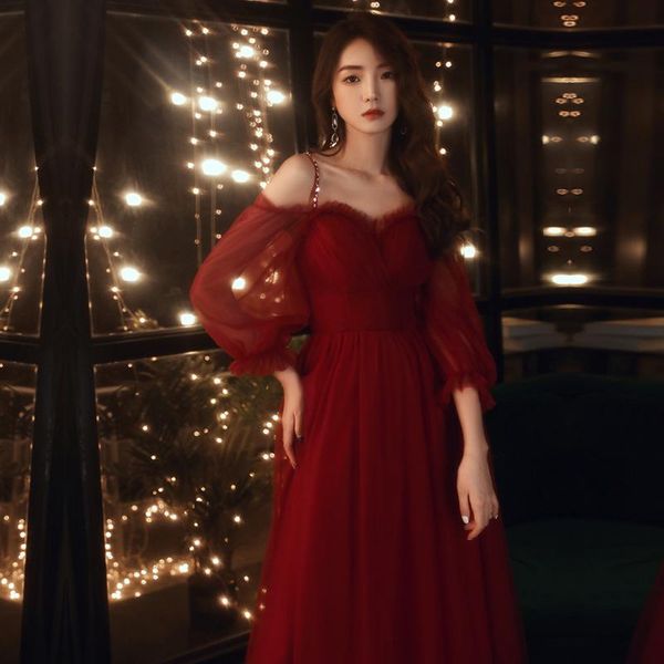 

burgundy tulle banquet gowns the bride party toast clothing elegant spaghetti strap a-line prom dresses ethnic, Red