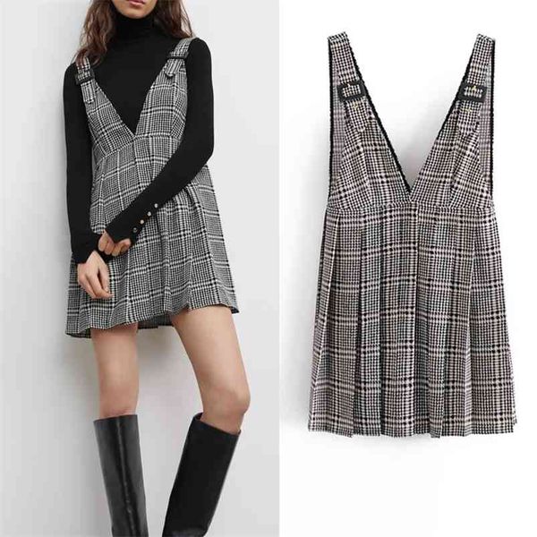

women spring autumn za plaid mini dress sleeveless v-neck pleated tank female elegant fashion street dresses clothes vestidos 210513, Black;gray