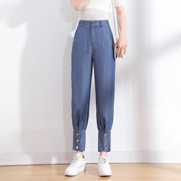 

women's jeans female summer silk thin denim trousers women high waist streetwear casual ankle lenght harem pants, Blue