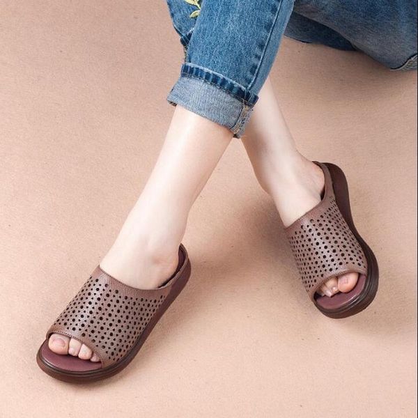 

slippers rushiman handmade genuine leather women wedge sandals comfortable summer shoes, Black
