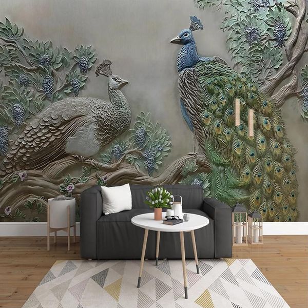 

custom 3d relief big tree peacock po wall decoration painting chinese style study living room interior design mural wallpaper wallpapers