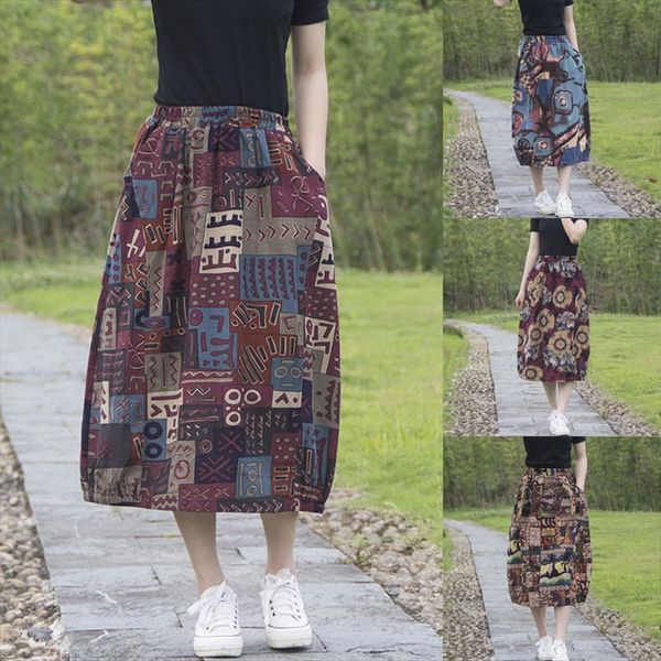 

vintage linen mid calf women skirt casual print summer cute fashion, Black
