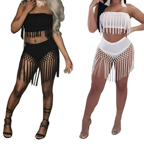 

women's tracksuits summer women tassel two piece sets black white strapless off shoulder crop + shorts party club beach wear outfit, Gray