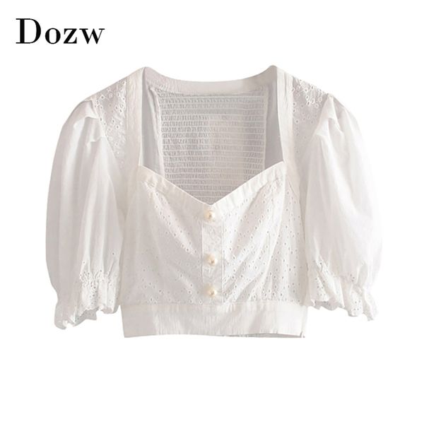 Mulheres Chic Bordado Patchwork Branco Blusa Summer Pearl Puff de Manga Curta Blusas Elegante Camisa de Algodão Feminino 210515