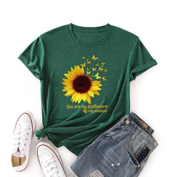 

women's t-shirt sunflower butterfly printed cotton short-sleeved casual soft female t shirt women femme graphic tee, White