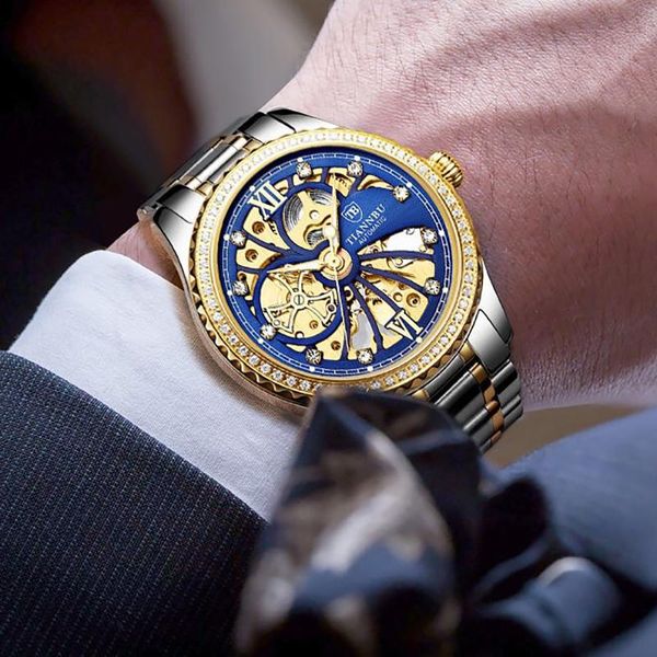 

wristwatches tiannbu automatic mechanical business man's wristwatch hardlex mirror waterproof hollow-carved diamond-encrusted watch men, Slivery;brown