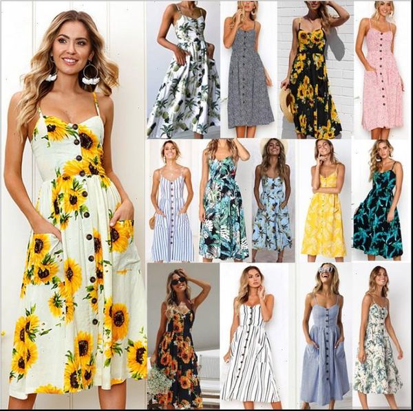 

women dress summer v neck backless flower beach womens white boho stripe button sunflower daisy pineapple party midi, Black;gray
