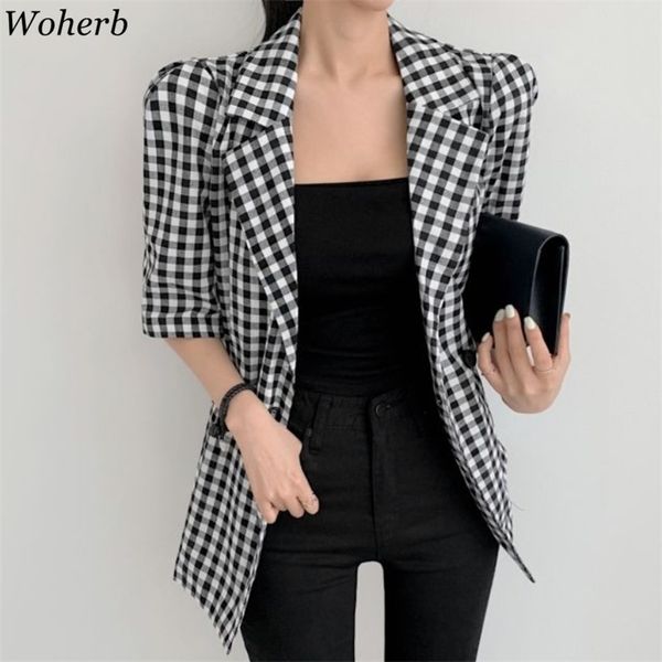 

vintage plaid suit blazer women korean casual elegant loose jacket fashion wild double breasted temperament coat 210519, Black;brown