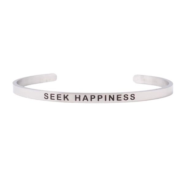 

"seek happines"stainless steel bracelet engraved positive inspirational quote cuff mantra bracelets & bangles for women bangle, Black