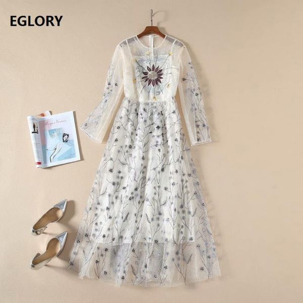 

casual dresses formal party elegant long 2021 spring summer style women o-neck sheer mesh embroidery sleeve maxi dress festa, Black;gray