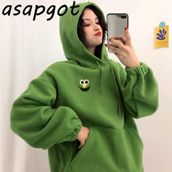 

women's hoodies & sweatshirts women autumn hooded sweatshirt plus velvet pockets oversize spring embroidered cartoon men, Black