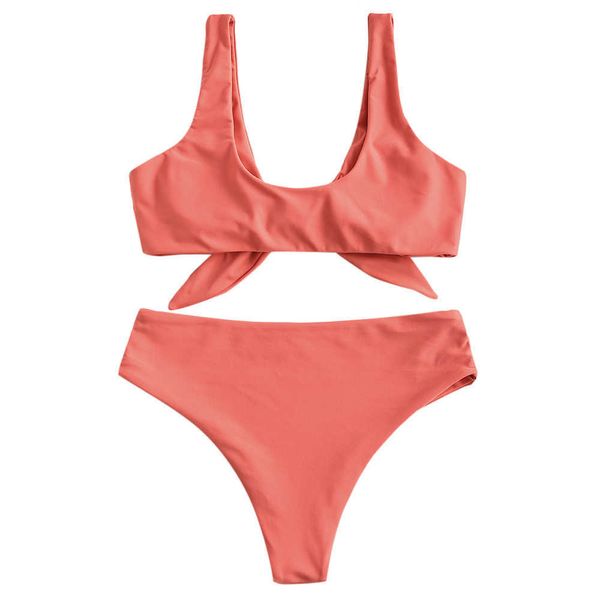 Zaful acolchoado frente knot biquini set mulheres sólido verão feminino swimsuit banho terno sexy swimwear natação praia y0820