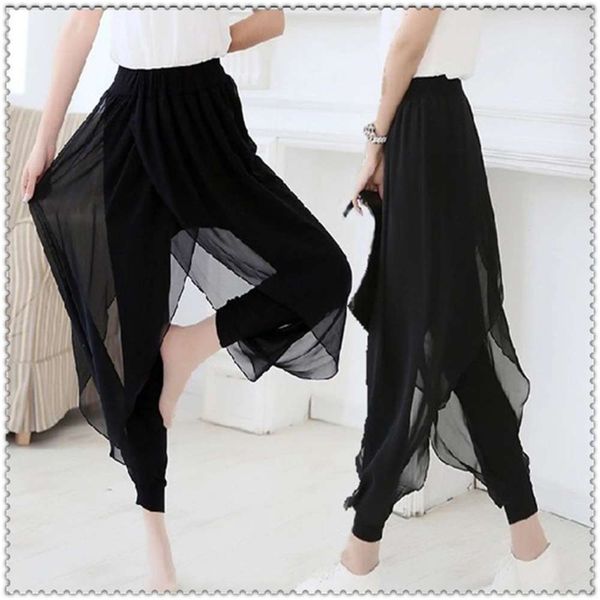 

autumn korean solid color chiffon waist harun casual fake two piece yoga under oversized pants skirt new women, Gray