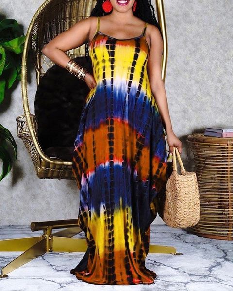 

casual dresses tie dye print spaghetti strap maxi dress, Black;gray