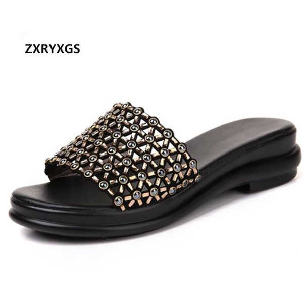 

dress shoes 2021 pearl rhinestone cowhide hollow summer sandals women fashion slippers leather wedges flat, Black