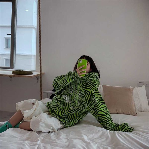 Kadın Zebra Baskı Hoodies Neon Yeşil Boy Harajuku Gevşek BF Öğrenci Moda Streetwear Bayan Kazak 211019