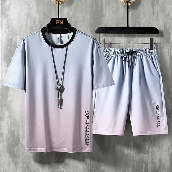 

men's tracksuits summer thin ice silk casual suit two piece fashion gradient loose short sleeve shorts, Gray