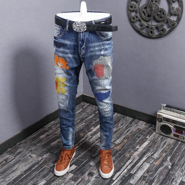 

men's jeans european style men brand streetwear blue color slim embroidery designer ripped hip hop skinny pencil pants