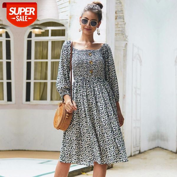 

Ladies Summer Retro Square Collar Floral Print Dress Women 2021 New A-line Cotton Three Quarter Sleeve Elegant Dress #Wp3v, White;black