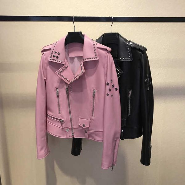 

women's leather & faux winter fall women sheepskin biker jackets chic real rivets coat d699, Black