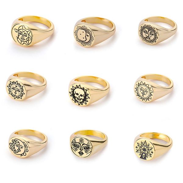 

cluster rings aesthetic charm for women vintage stainless steel face moon series ring punk couple fashion exaggeration jewelry gift, Golden;silver