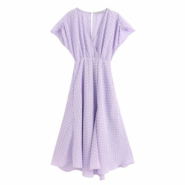 Donne Chic Fashion Purple Polka Dot Texture Midi Dress Vintage Cross scollo a V Abiti a maniche corte Casual Girls Vestidos 210520