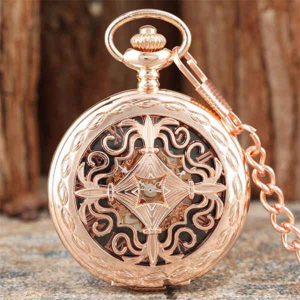 

pocket watches rose gold vintage hollow carved pattern mechanical hand winding watch roman numeral display manual retro chain timepiece, Slivery;golden