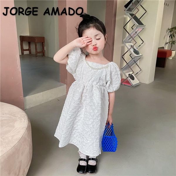 

korean style summer kids girls dress pearls collar short puff sleeves white princess dresses children clothes e2032 girl's, Red;yellow
