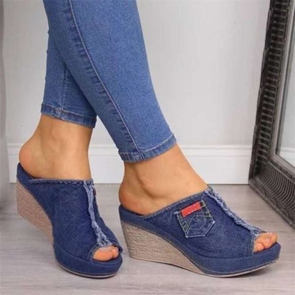 Sandalo da donna estivo Scarpe Pantofole in denim Zeppe con tacco alto Ragazze Pantofole moderne con piattaforma Slides 210928