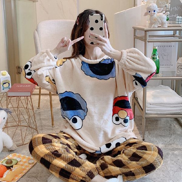 

christmas pajamas womens thicke flannel home clothes ladies sweet wind can be worn outside warm suit autumn and winter models, Black;red