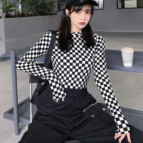 

women's t-shirt spring autumn korean slim stretch small plaid bottom shirt long sleeve black and white