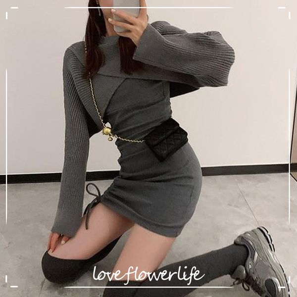 

elegant vintage knitted dress women casual long sleeve slim y2k mini dress female solid party dress korean spring 210521, Black;gray