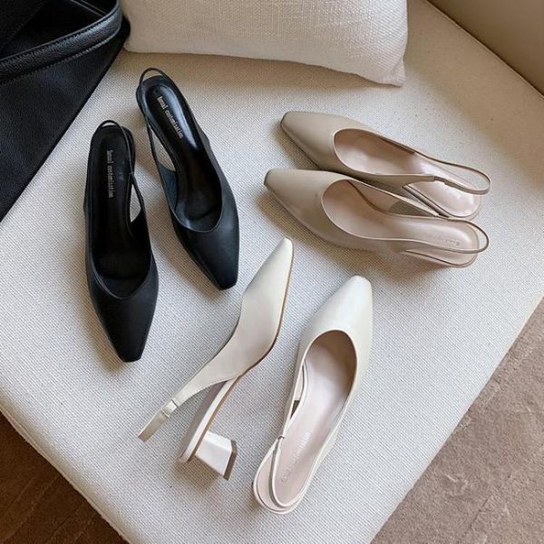 

sandals white baotou fairy style square head thick heel shoes, Black