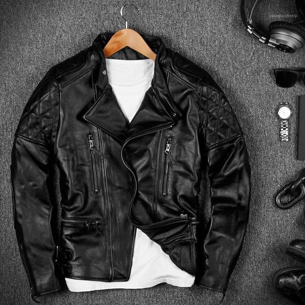 

men's leather & faux stand collar cowskin genuine jackets rock punk style moto&biker coats short slim overcoat, Black