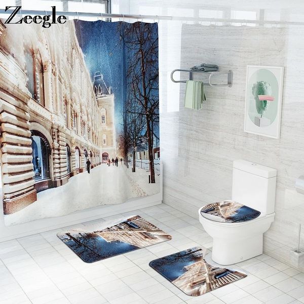 

bath mats bathroom shower curtain set winter street view decor mat and toilet carpet anti-slip for
