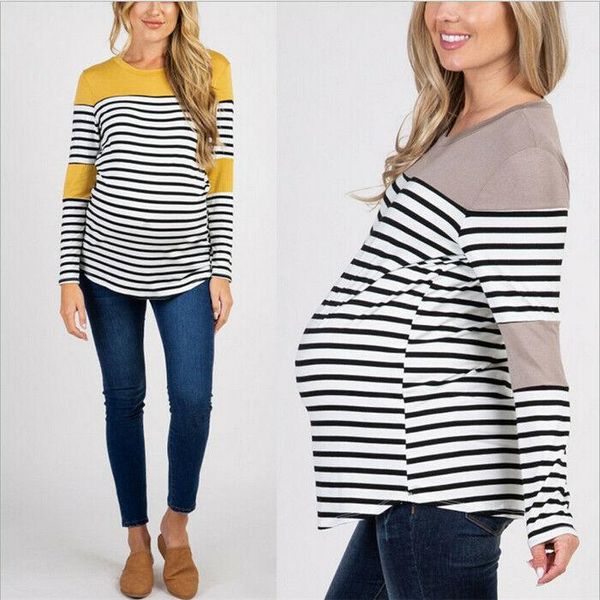 

maternity & tees women's striped print long sleeve t-shirt bottom pregnant blouse, White