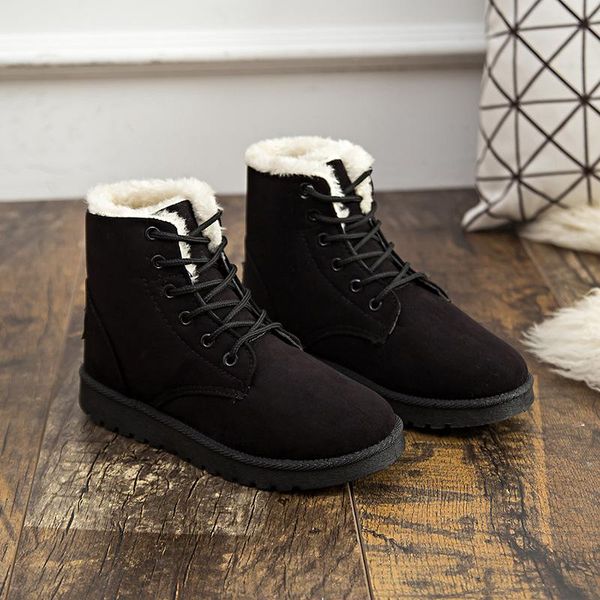 

boots winter women 2021 faux suede snow ankle warm fur booties solid leather shoes, Black